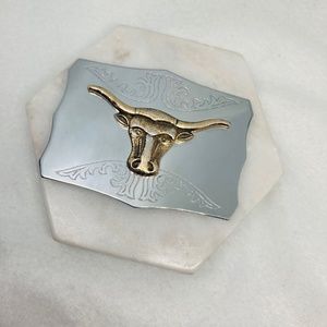 Vintage Bull Belt Buckle Horned Cattle Cow Head Japan Steel Silver Cowboy 3”